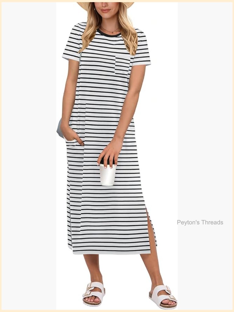 Short Sleeve Midi T-Shirt Dress With Side Slits, Casual Beach Vacation